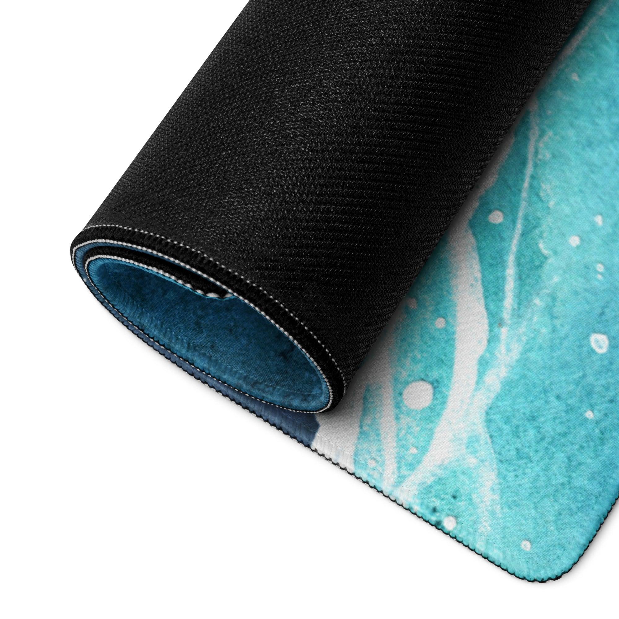 Rolled watercolor ocean waves blue gaming mouse pad, turquoise design, non-slip backing