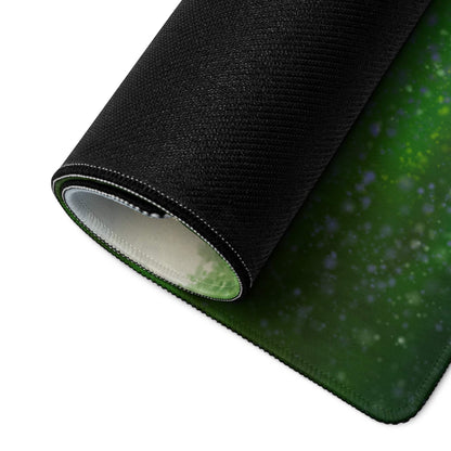 Green galaxy gaming mousepad with black textured edge and white lining
