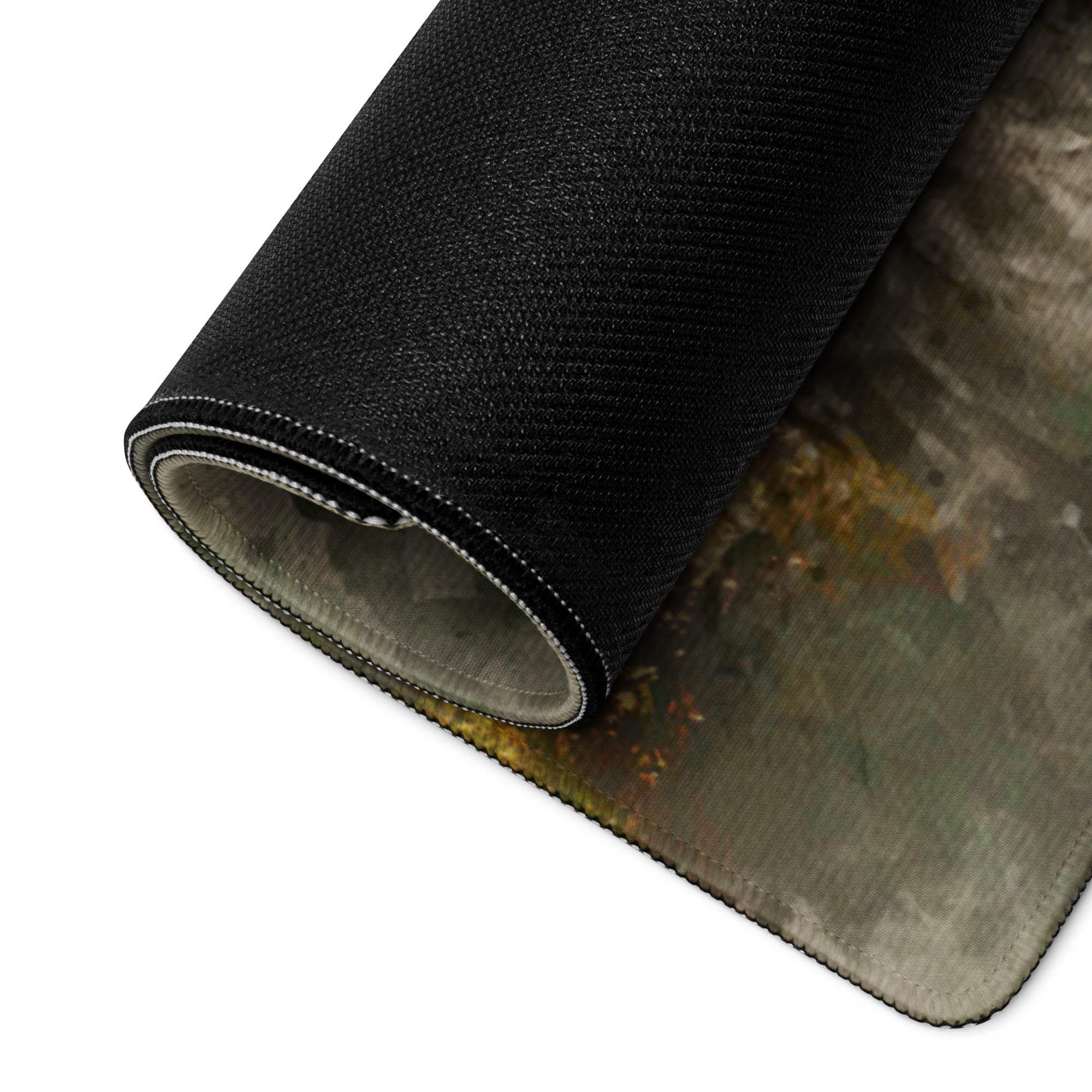 Black camo fabric gaming mouse pad back with stitched edges