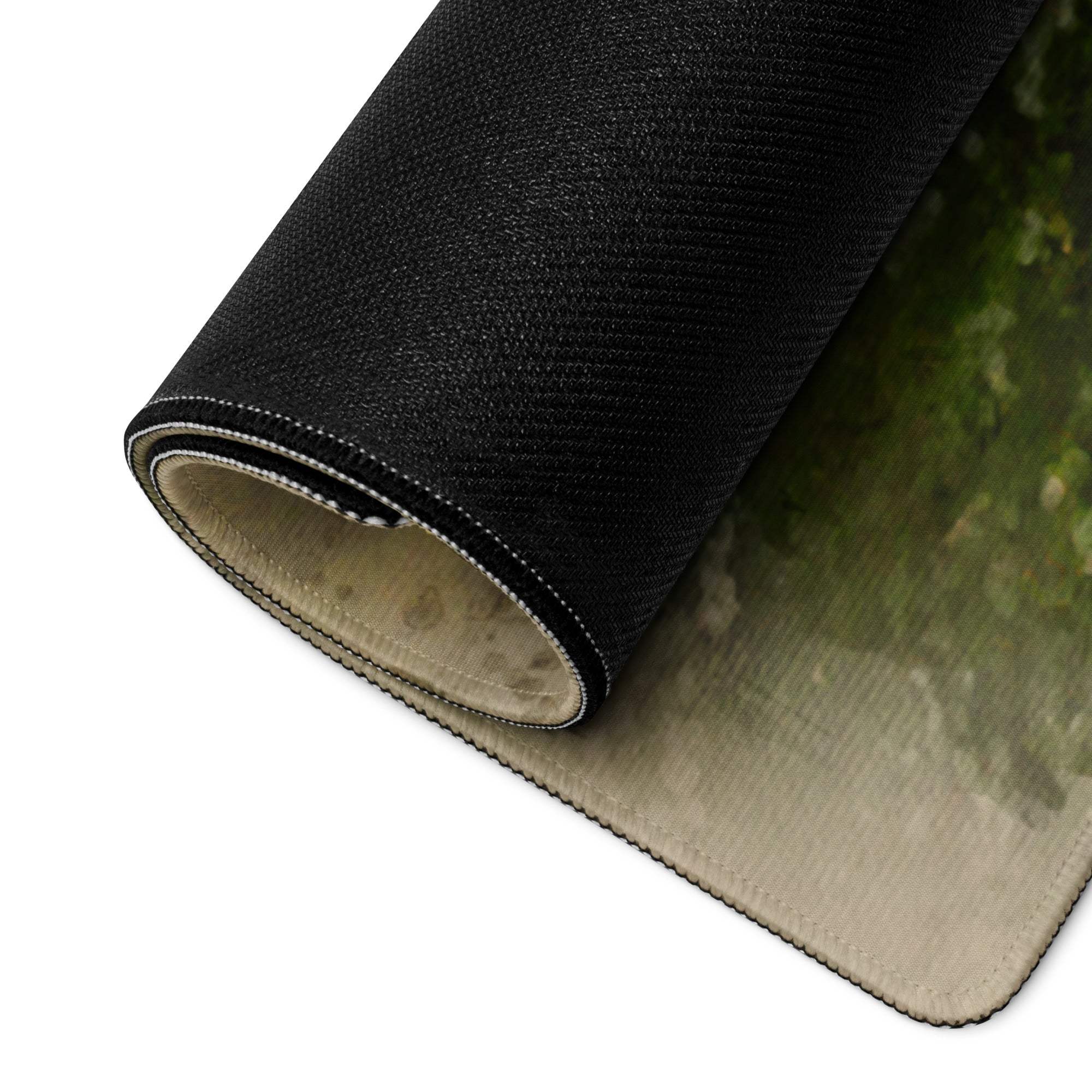 Large Autumn Forest gaming mouse pad with black textured non-slip base and edge stitching