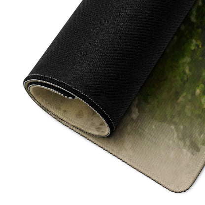 Large Autumn Forest gaming mouse pad with black textured non-slip base and edge stitching