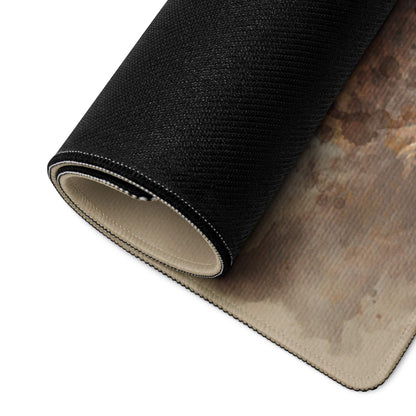 Back of Watercolor Forest gaming mouse pad with black textured carpet roll, beige underside, stitched edges