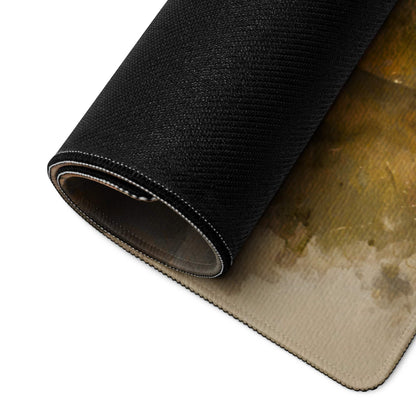 Back of large watercolor autumn forest gaming mousepad with black textured top and beige non-slip base