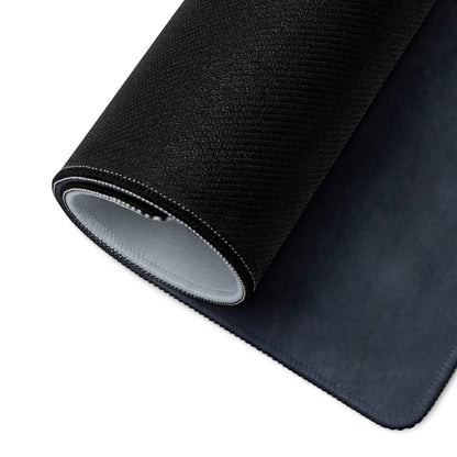 Black suede-textured gaming mouse pad with white edge stitching and non-slip base