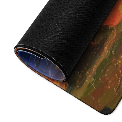 Black textured gaming mousepad rolled edge reveals earthy-toned abstract design