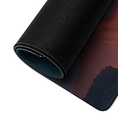 Black textured gaming mousepad with rolled edge and fiery orange gradient