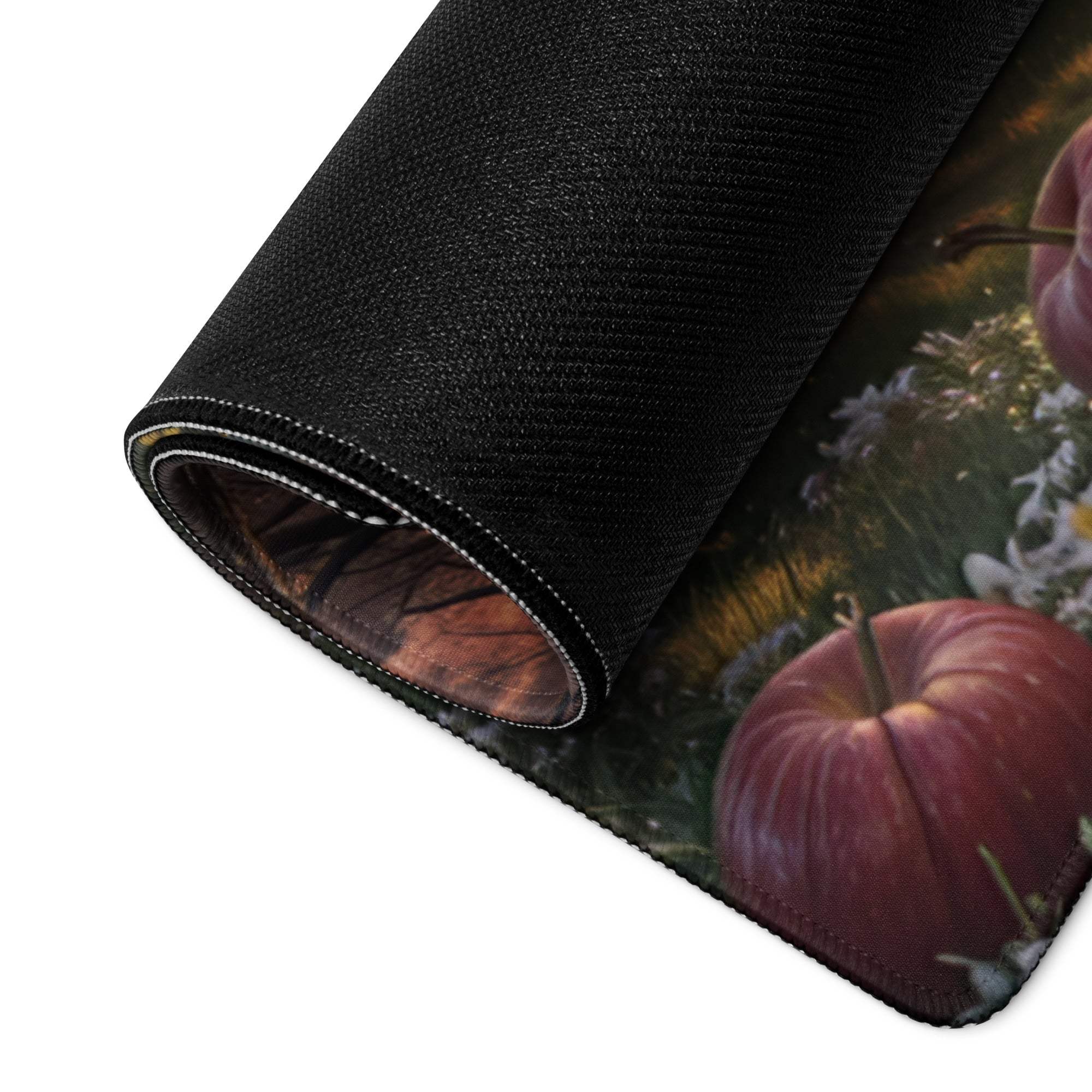 Black textured gaming mousepad with red apples, white flowers, non-slip backing