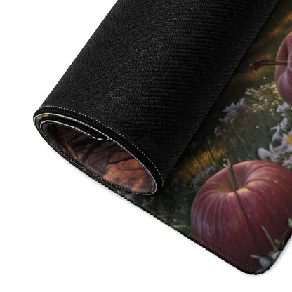 Black textured gaming mousepad with red apples, white flowers, non-slip backing