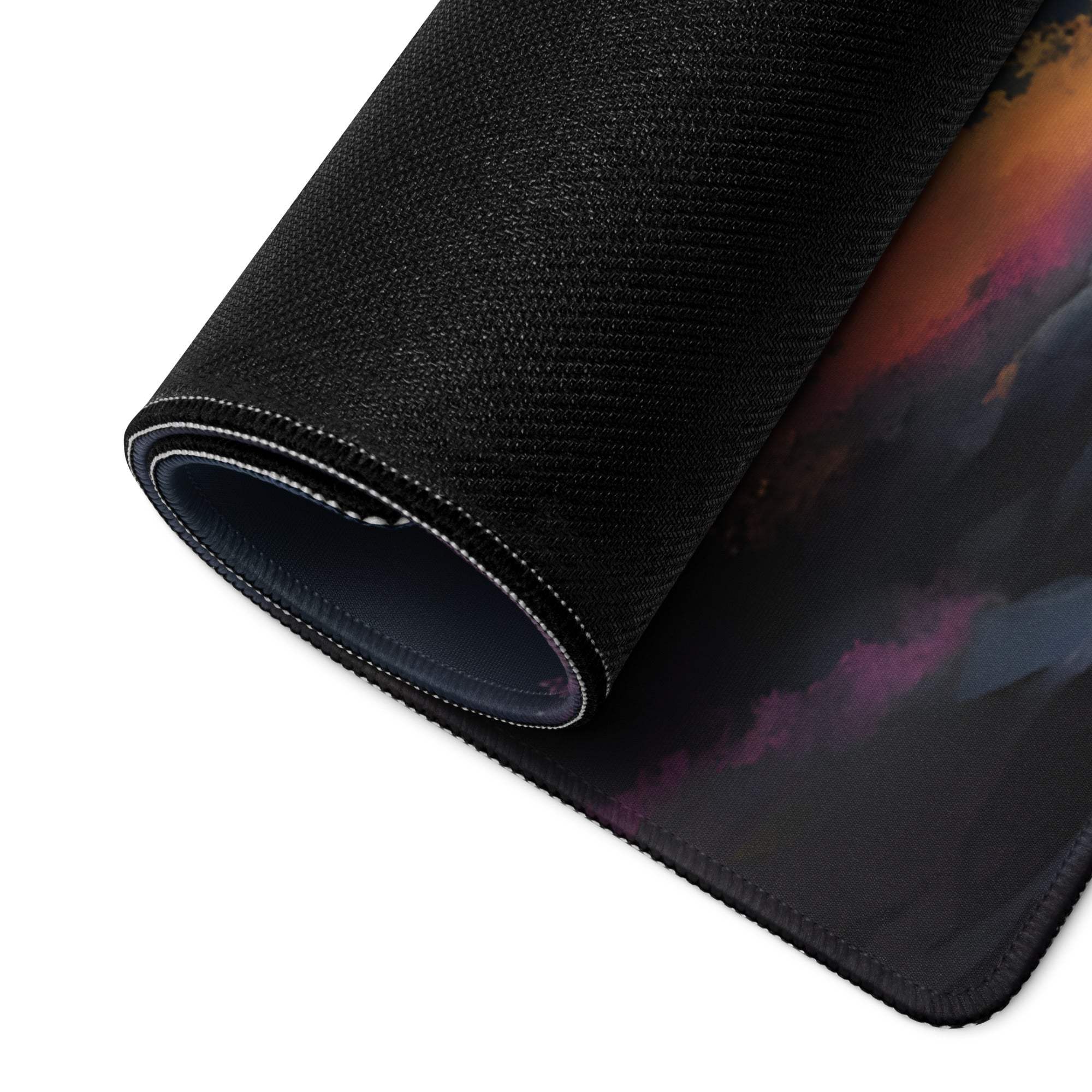 Black textured nebula mousepad with orange purple blue dreamy waterfall design