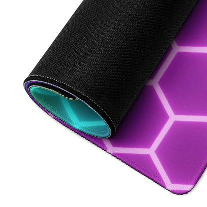 Purple hexagonal RGB gaming mousepad with black textured edge and teal lining