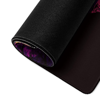 Black textured gaming mousepad with stylized purple pink sunset mountain design