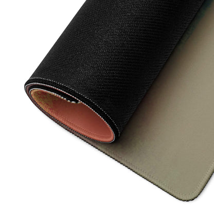 Black textured gaming mousepad back with tan lining, stitched edges