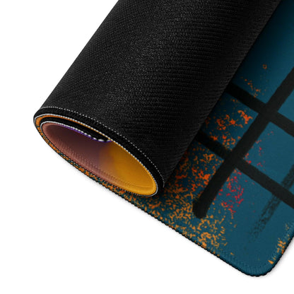Rolled-up Bold Abstract Art gaming mouse pad with orange purple hues and non-slip backing
