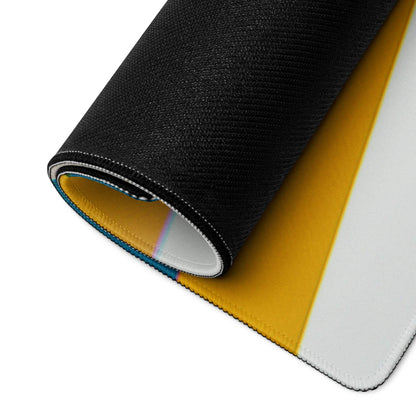 Underside of large black yellow geometric gaming mouse pad with stitched edges