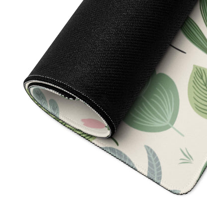 Rolled large pastel green floral leaf gaming mouse pad with non-slip surface