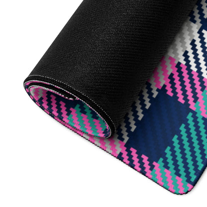 Rolled-up Vibrant Pink Navy Teal Plaid Gaming Mouse Pad with Non-Slip Base