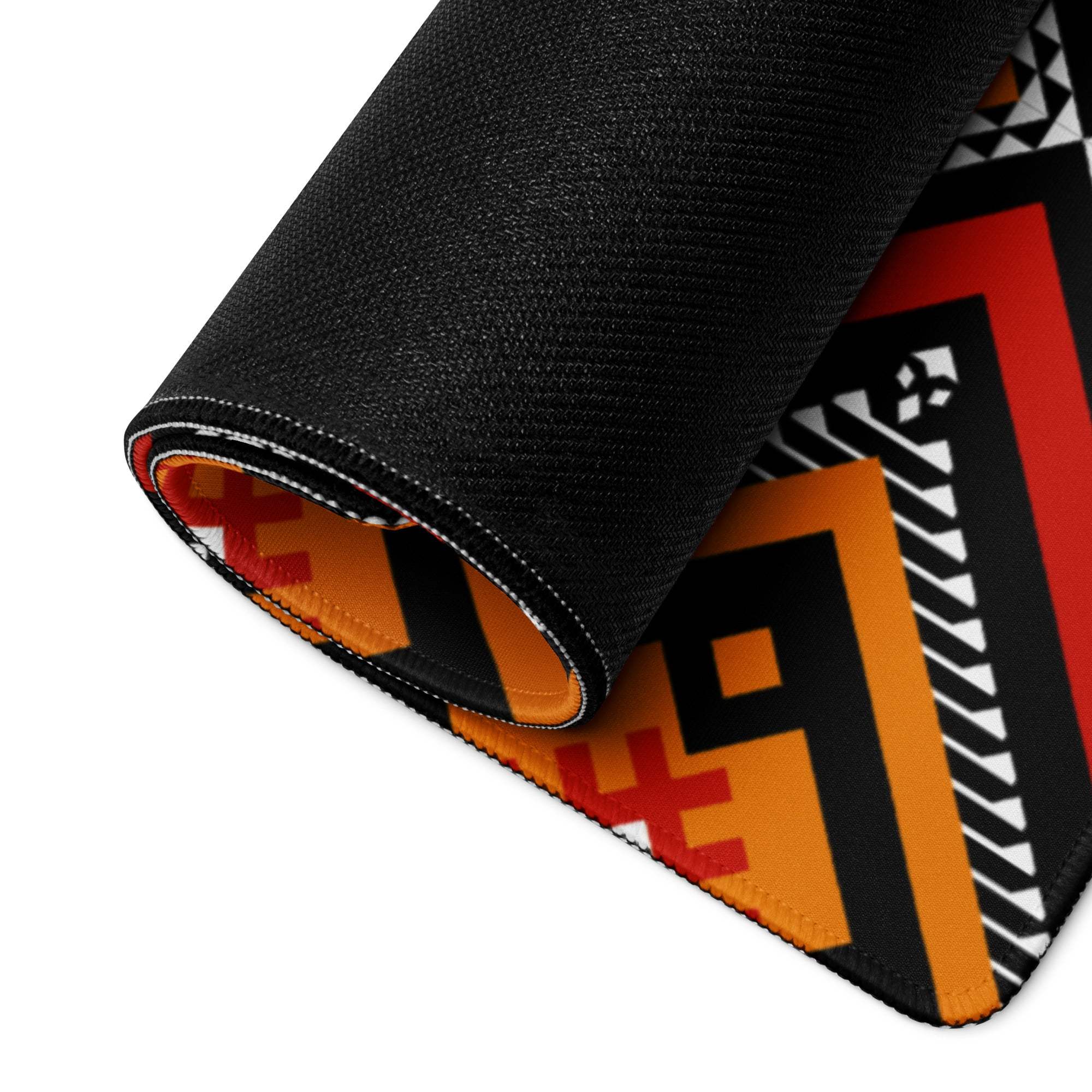 Vibrant tribal geometric diamond gaming mouse pad in red orange black white