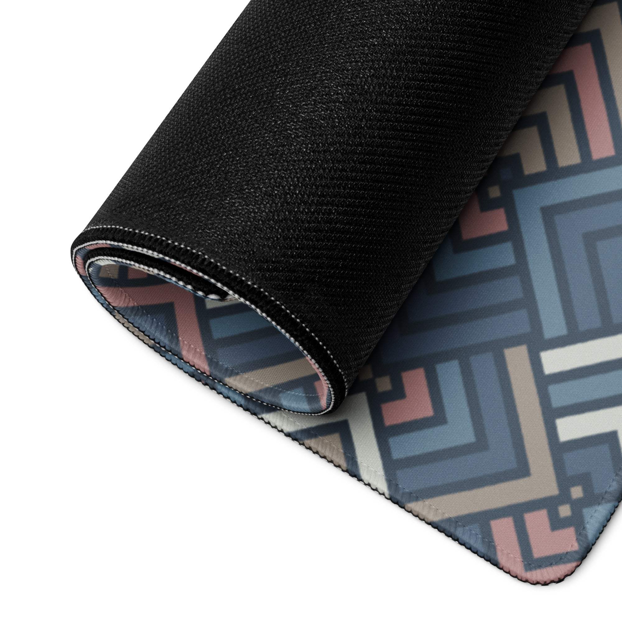 Rolled-up Geometric Pattern Gaming Mouse Pad in navy pink beige large non-slip stitched
