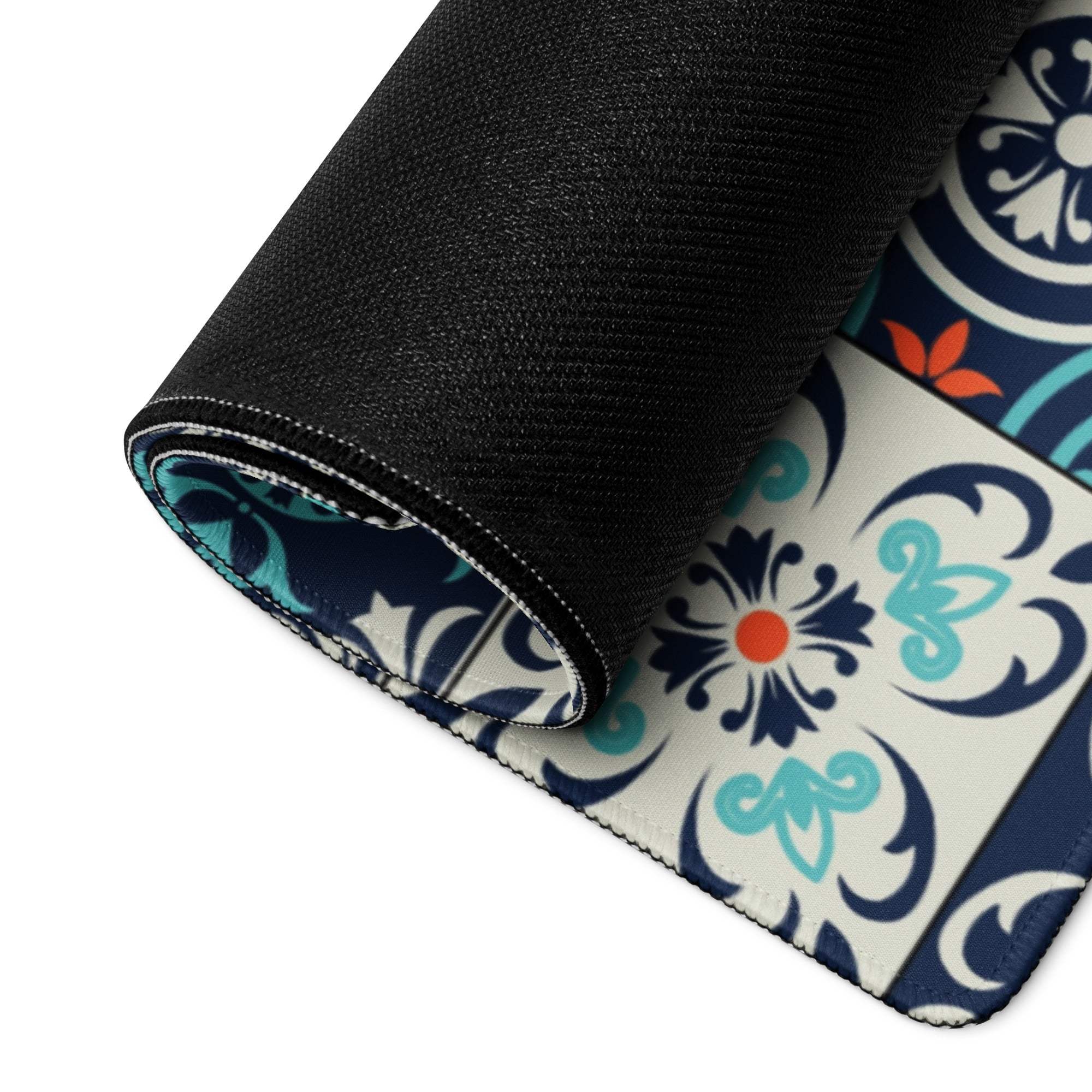 Elegant navy teal coral tile pattern non-slip large gaming mouse pad rolled up