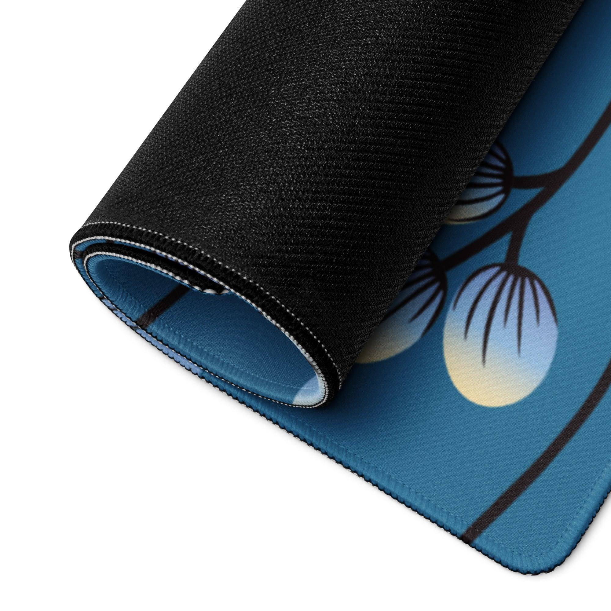 Elegant floral branches deep blue gaming mouse pad with rolled edge backing
