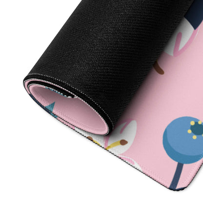 Pink cartoon floral gaming mouse pad with black stitched edges