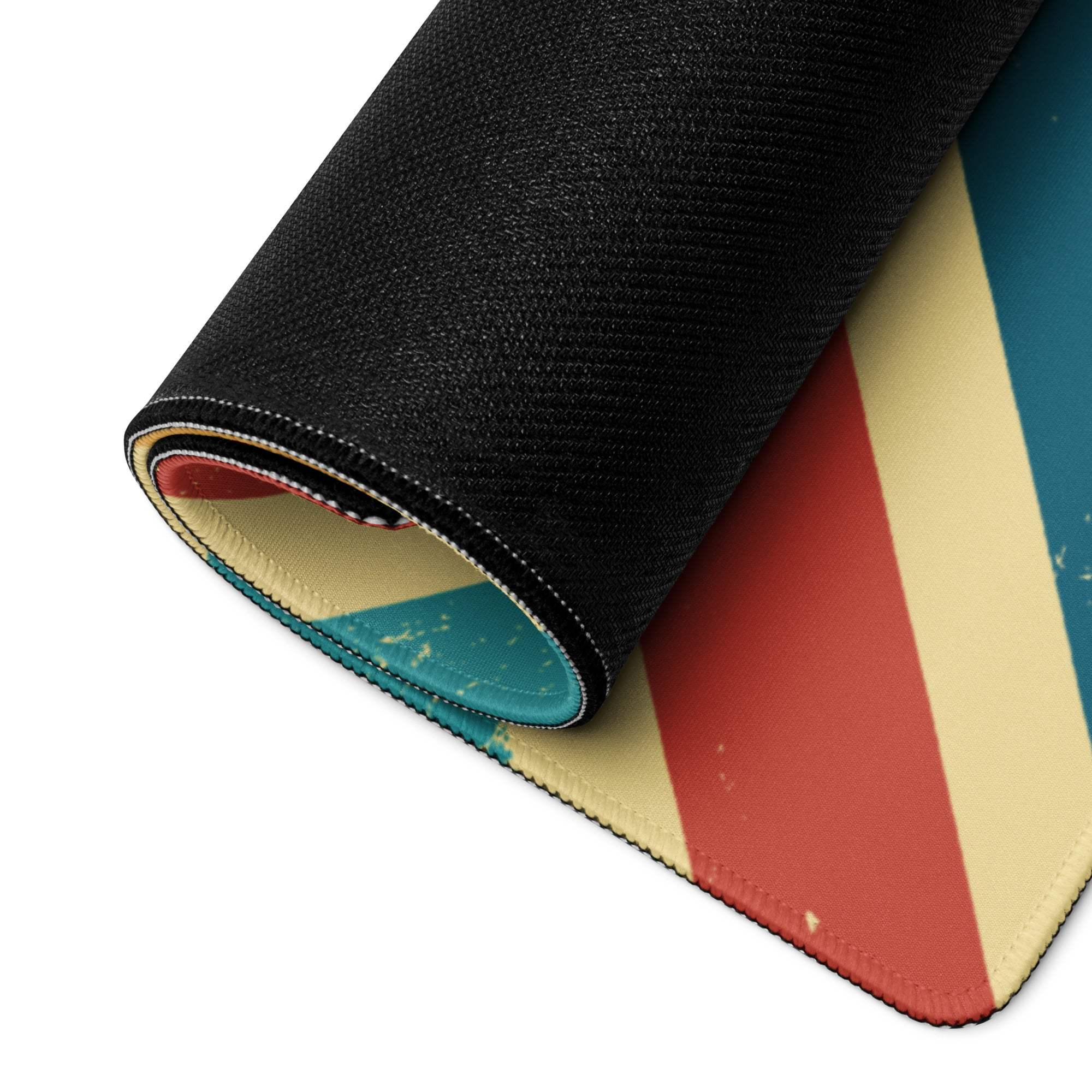 Rolled-up retro geometric chevron gaming mouse pad with non-slip base