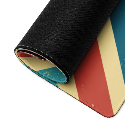 Rolled-up retro geometric chevron gaming mouse pad with non-slip base