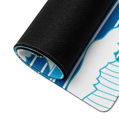 Blue ocean wave gaming mouse pad with white graphics and black stitched edge