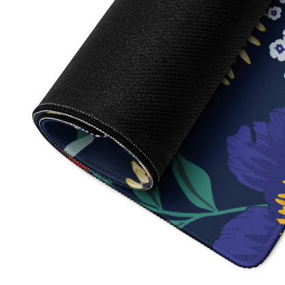 Rolled-up Floral Navy Blue Gaming Mouse Pad with vibrant purple flowers