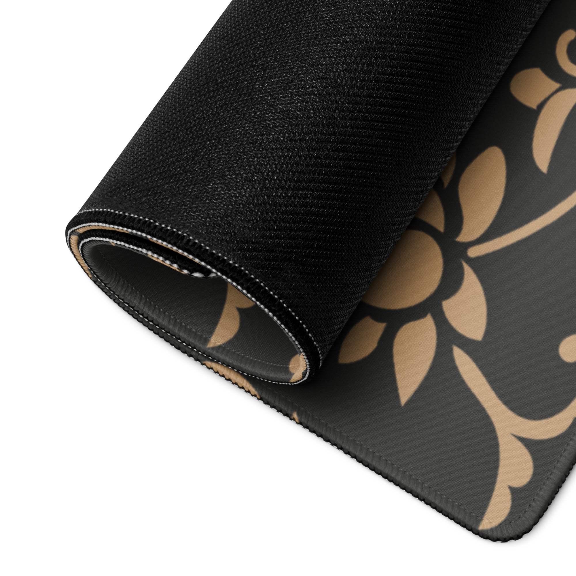 Elegant black floral gaming mouse pad with gold tan pattern, large textured non-slip