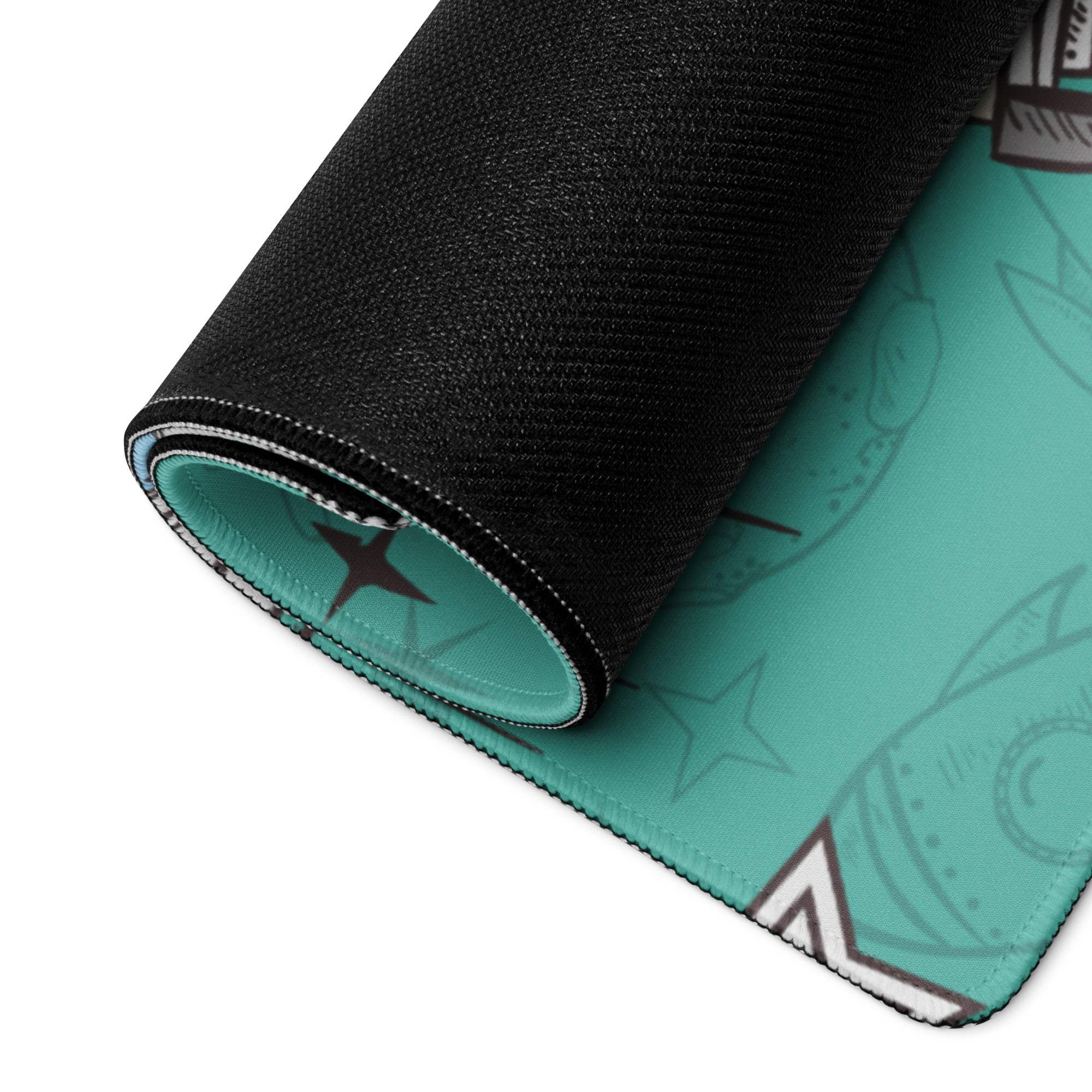 Teal gaming mouse pad with black stars fish illustrations non-slip base