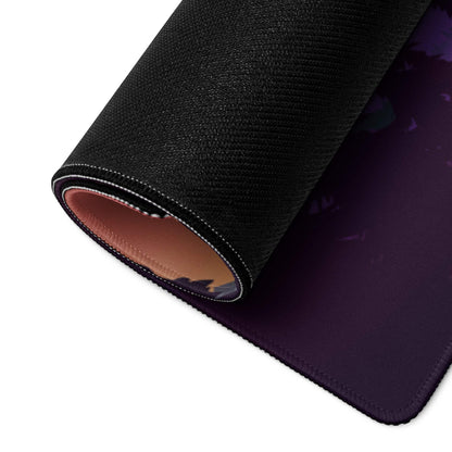 Black textured gaming mousepad with purple gradient, stitched edges, non-slip backing