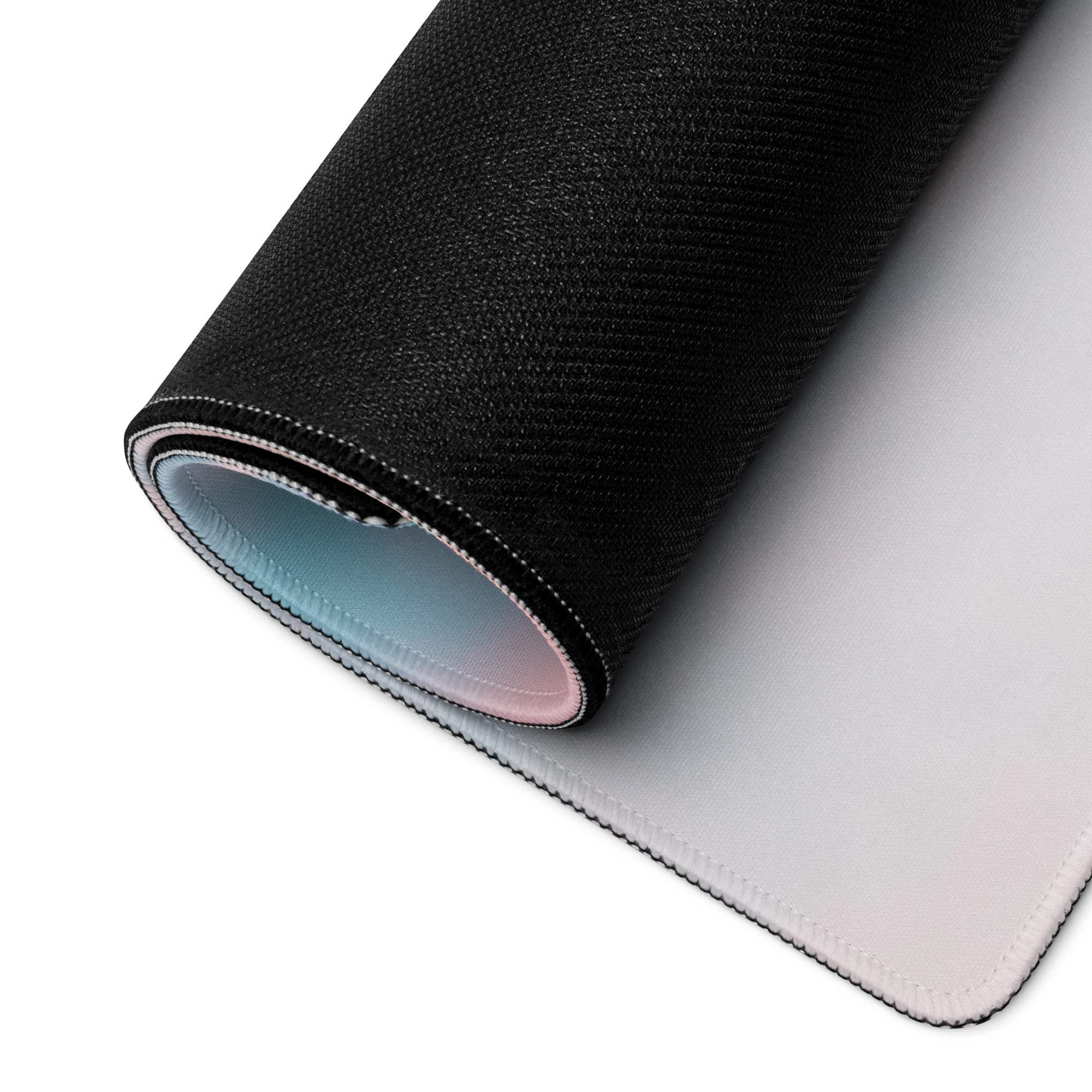 Black textured gaming mousepad back with white underside and stitched edges