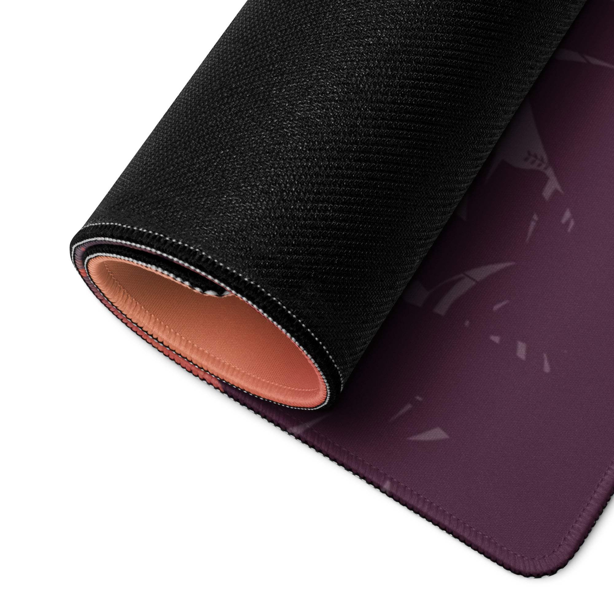 Rolled-up Sunset Tropical large gaming mouse pad with purple design