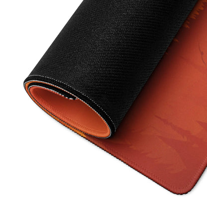 Black and orange sunset mountain gaming mouse pad with stitched edges