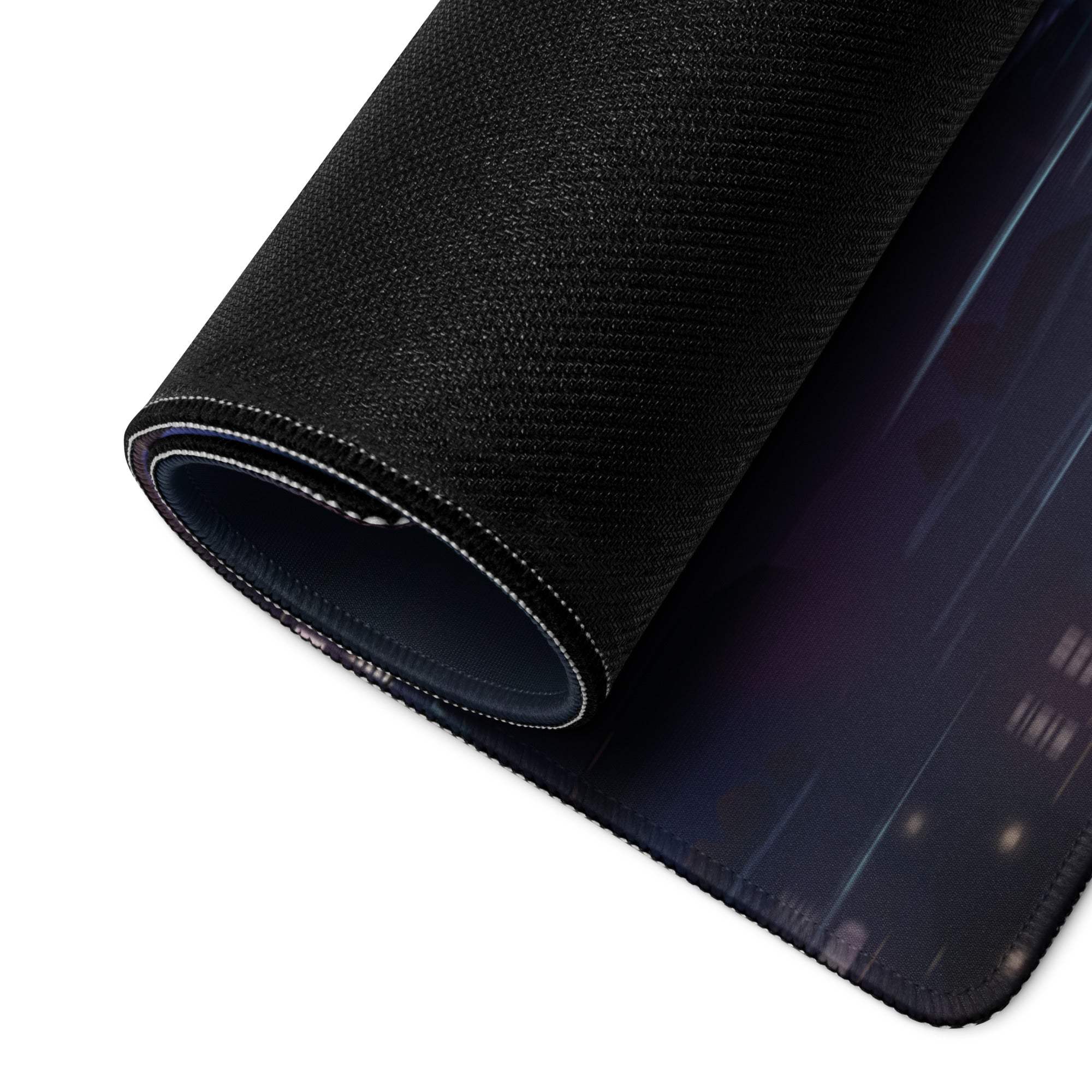 Black textured Cyberpunk City Skyline mousepad unrolled side