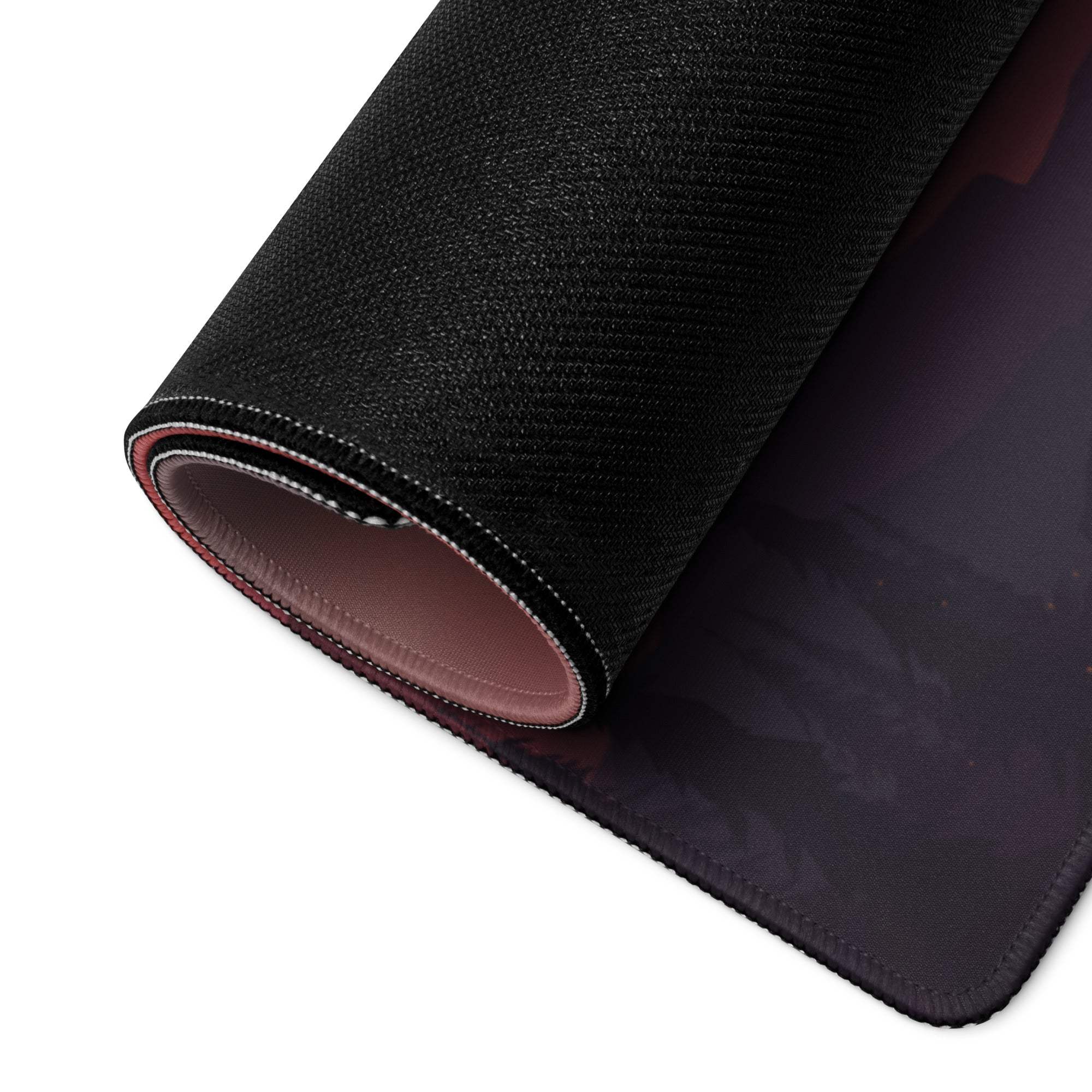 Black textured artistic sunset mountain gaming mousepad with stitched edges