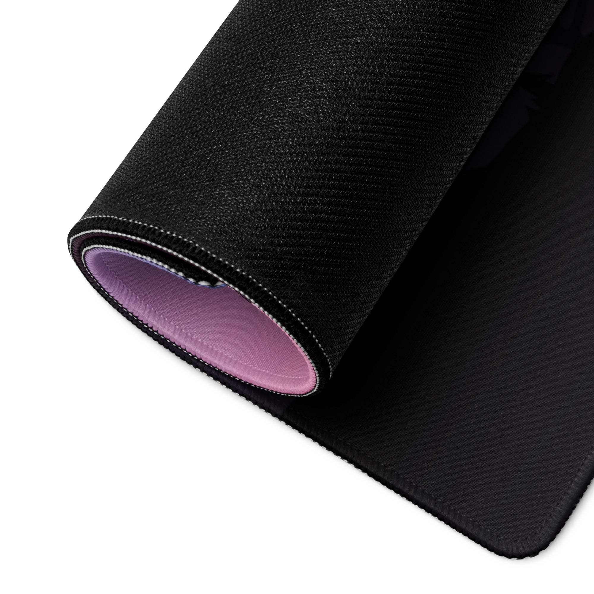 Black textured mousepad back with purple lining and pink sunset design