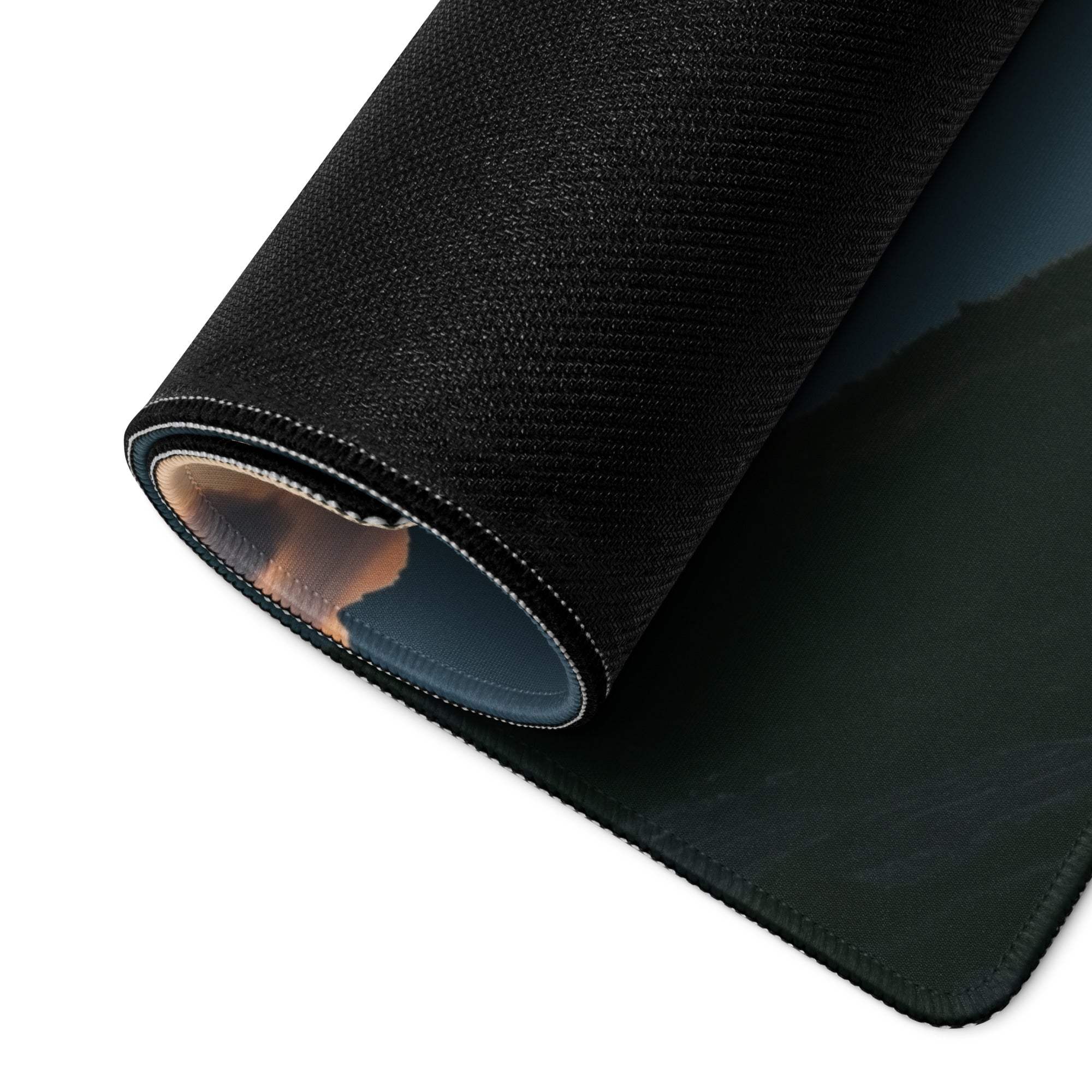 Black textured gaming mousepad with rolled edge stitching, Mountain Sunrise style
