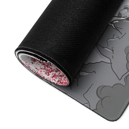 Japanese Zen landscape black gaming mousepad with gray white design red speckles stitched edges