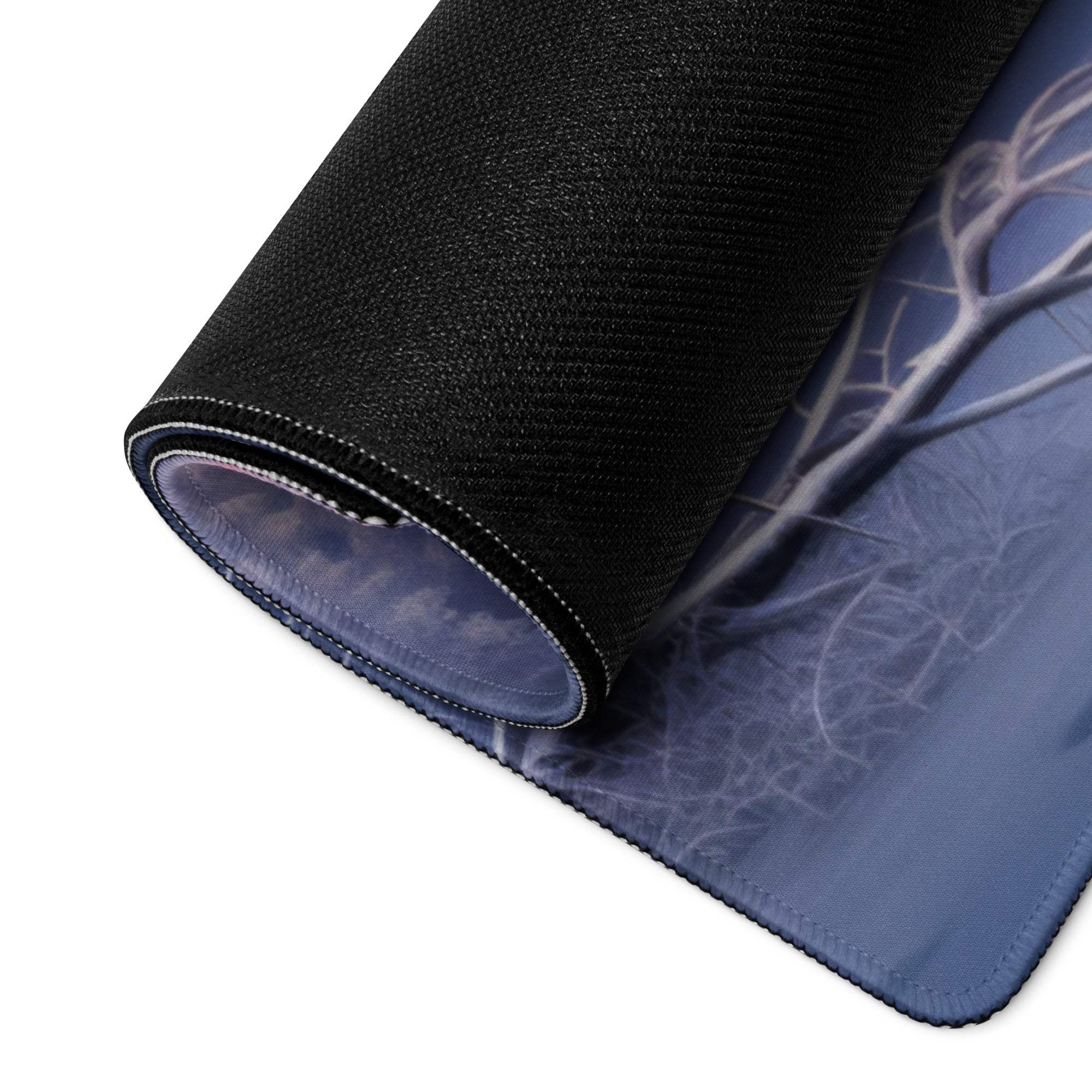 Black textured mousepad with blue white snowy forest sunset design