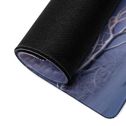 Black textured mousepad with blue white snowy forest sunset design