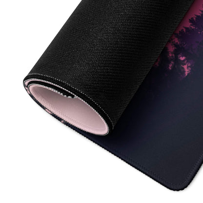 Black textured gaming mousepad with purple pink sunset mountain gradient
