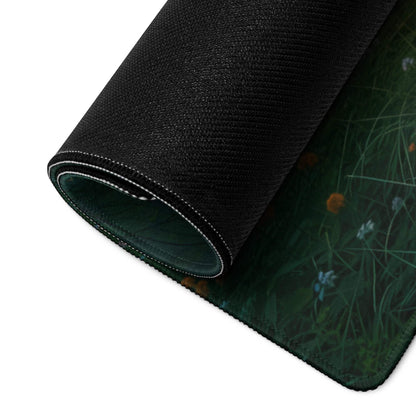 Large Forest Sunrise gaming mouse pad with green grass, flowers, non-slip base, stitched edges