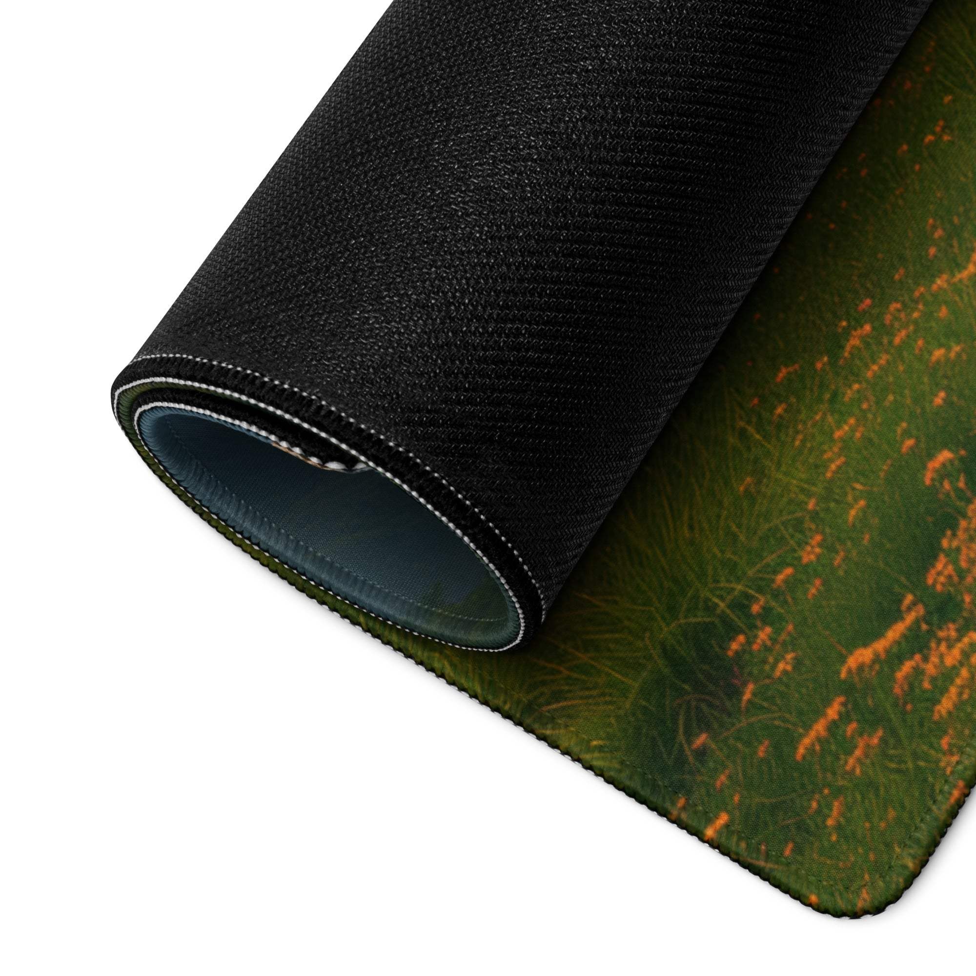 Black textured mousepad with rolled edge, green grass, orange wildflowers