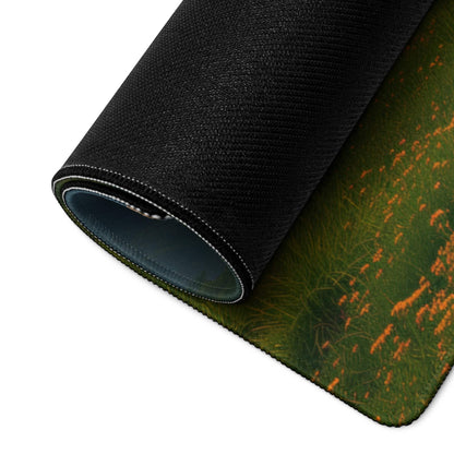 Black textured mousepad with rolled edge, green grass, orange wildflowers
