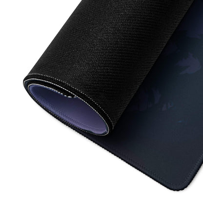 Black textured Night Sky Mountain gaming mouse pad with purple lining and stitched edges