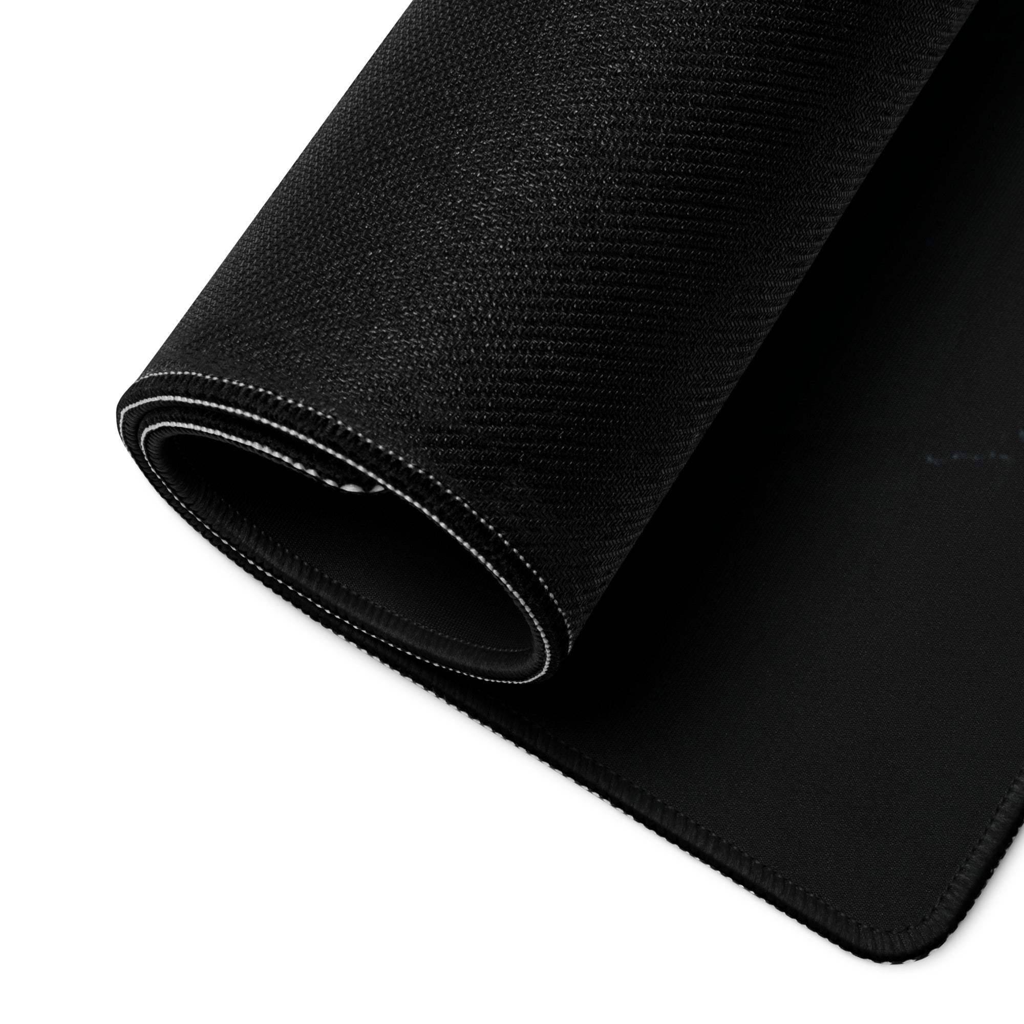 Black textured Moody Blue gaming mousepad with white stitched edge