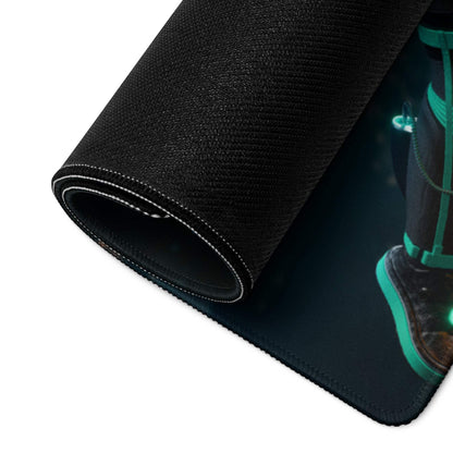 Black textured gaming mousepad with rolled edge, white stitching, teal glowing astronaut