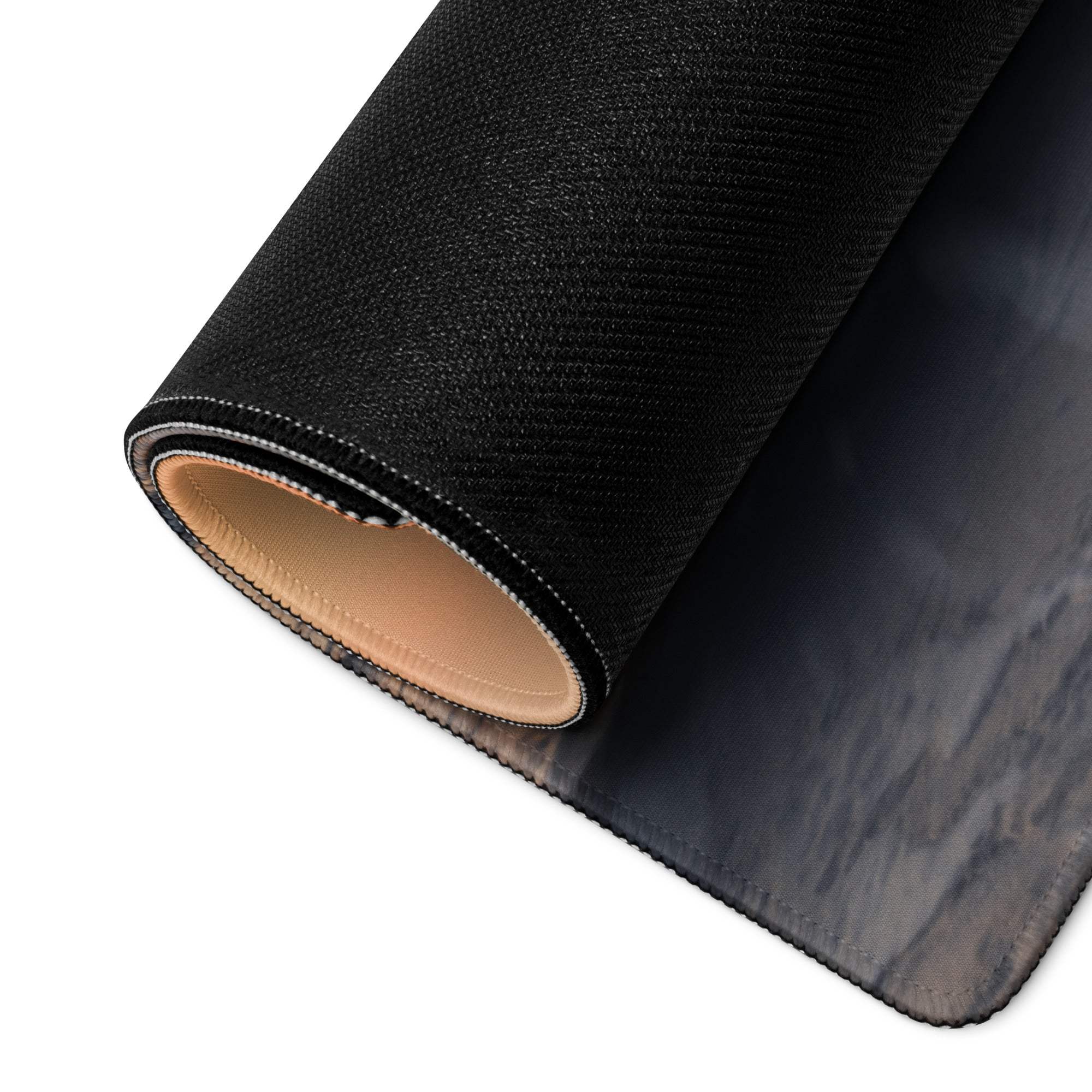 Black textured Arctic Snow Mountain Ocean gaming mousepad with stitched edges